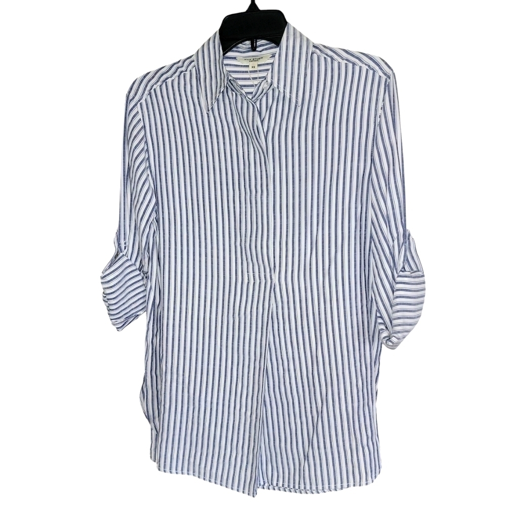 NWT! Max Studio Blue and White Striped Blouse with Rolled Sleeves size XS